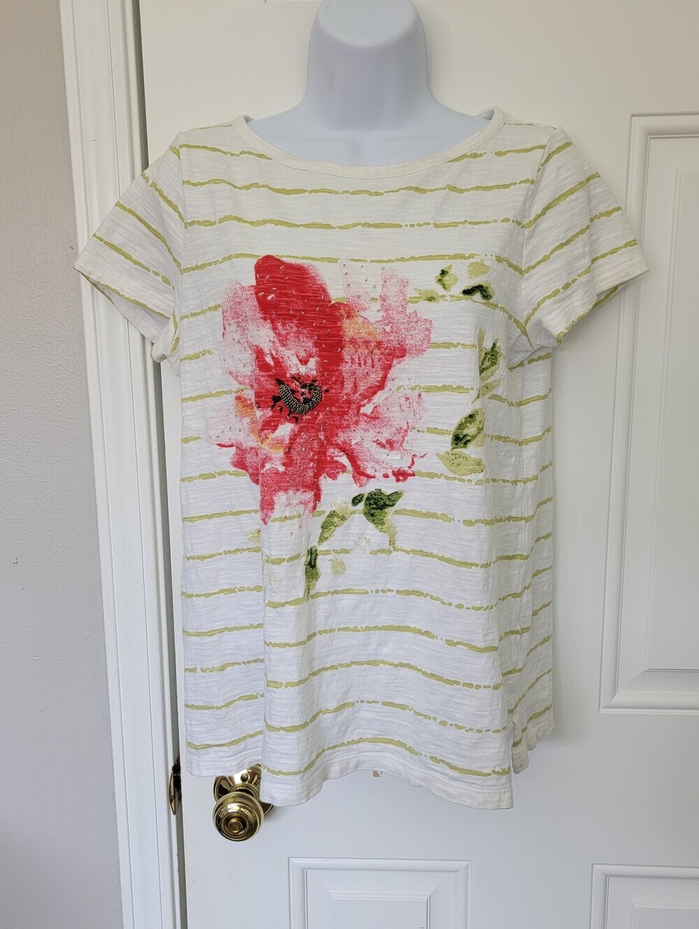 J.Jill Tunic Short Sleeve Boat Neck Beading Flowet Striped Cotton Size Small